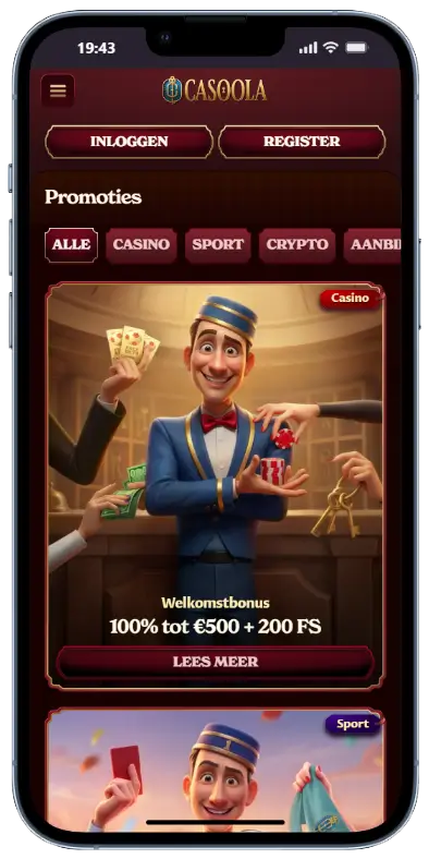 Casoola promotiespagina met welkomstbonus van 100% tot €500 plus 200 freespins, weergegeven met een animatiefiguur van een hotelboy en filteropties voor Casino, Sport, Crypto en Aanbiedingen