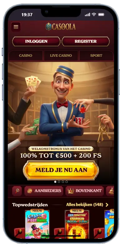 Casoola casino startpagina op mobiel met een welkomstbanner van 100% tot €500 plus 200 freespins, een aanmeldknop 'Meld je nu aan' en navigatietabbladen voor Casino, Live Casino en Sport