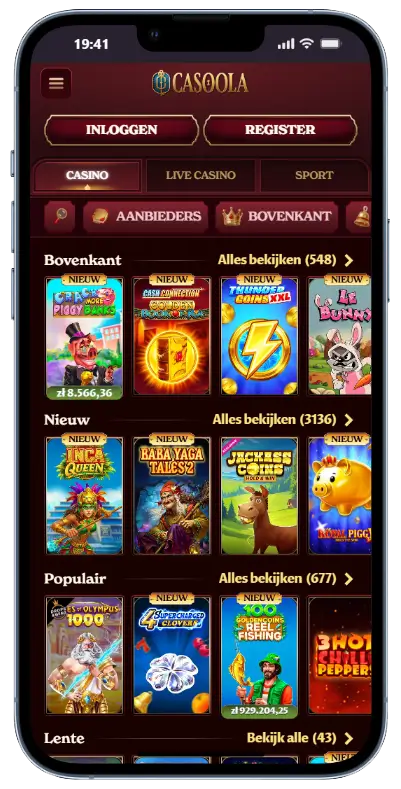 Casoola casino mobiele app met spelcategorieën Bovenkant, Nieuw en Populair, inclusief slotspellen zoals Inca Queen, Baba Yaga Tales 2 en Gates of Olympus 1000